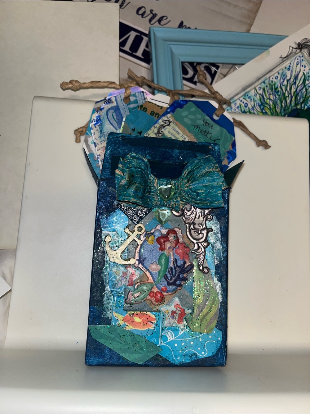 1of a kind new upcycled Handmade Mermaid ocean Mixed-Media treasure art card box